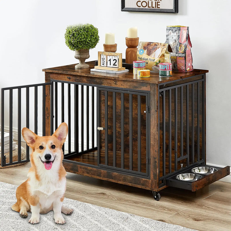 Rovibek Large Dog Crate Dog Crate Furniture for Large Dog 38.58 Inch Large Dog Kennel Indoor with 2 Removable Dog Bowls Flip-Up Top Opening and Wheels Medium Dog Crate Rustic Brown