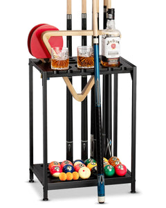 EXTCCT Billiards Pool Stick Holder - Pool Cue Rack Floor Stand & Ping Pong Paddle Holder Hardwood Pool Cue Holder for 12 Cues Sticks Pool Table Accessories Organizer (Black)