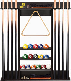 FoverOne Pool Cue Rack Bamboo Wall Mount Pool Sticks Holder Holds 8 Cues and Full Set of Balls Pool Table Accessories Organizer for Billiard Room or Club - Dark Brown