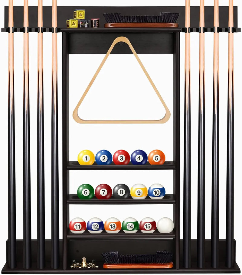 FoverOne Pool Cue Rack Bamboo Wall Mount Pool Sticks Holder Holds 8 Cues and Full Set of Balls Pool Table Accessories Organizer for Billiard Room or Club - Dark Brown